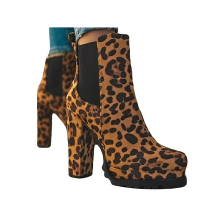 

Eloshman Womens Ankle Boots Slip on Chunky Block Mid Heel Elastic Casual Chelsea Western Booties Leopard Print 37