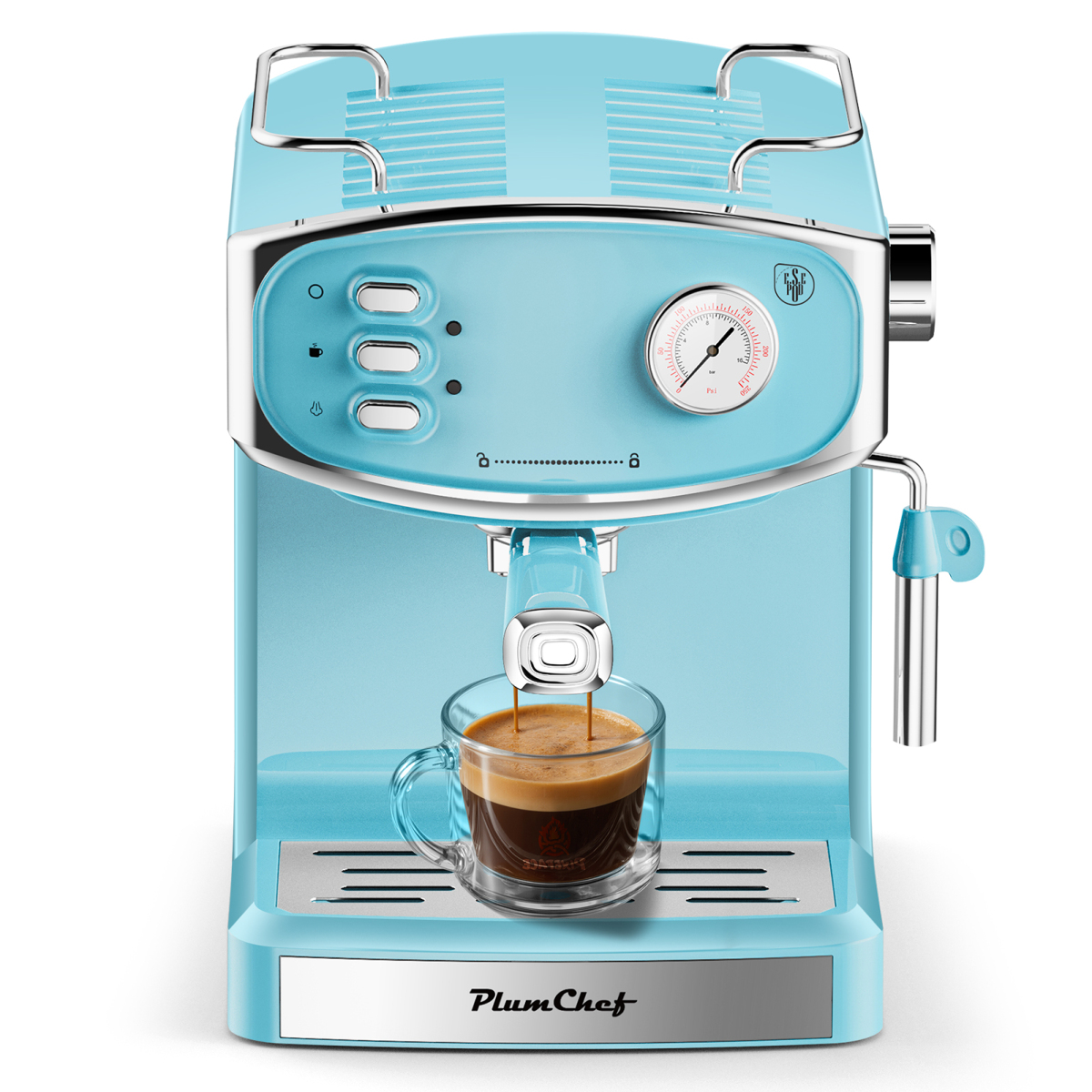Plum Chef 20 Bar Compact Espresso Machine - Milk Frother Steam Wand Pressure Gauge & 54oz Water Tank (Low Noise)