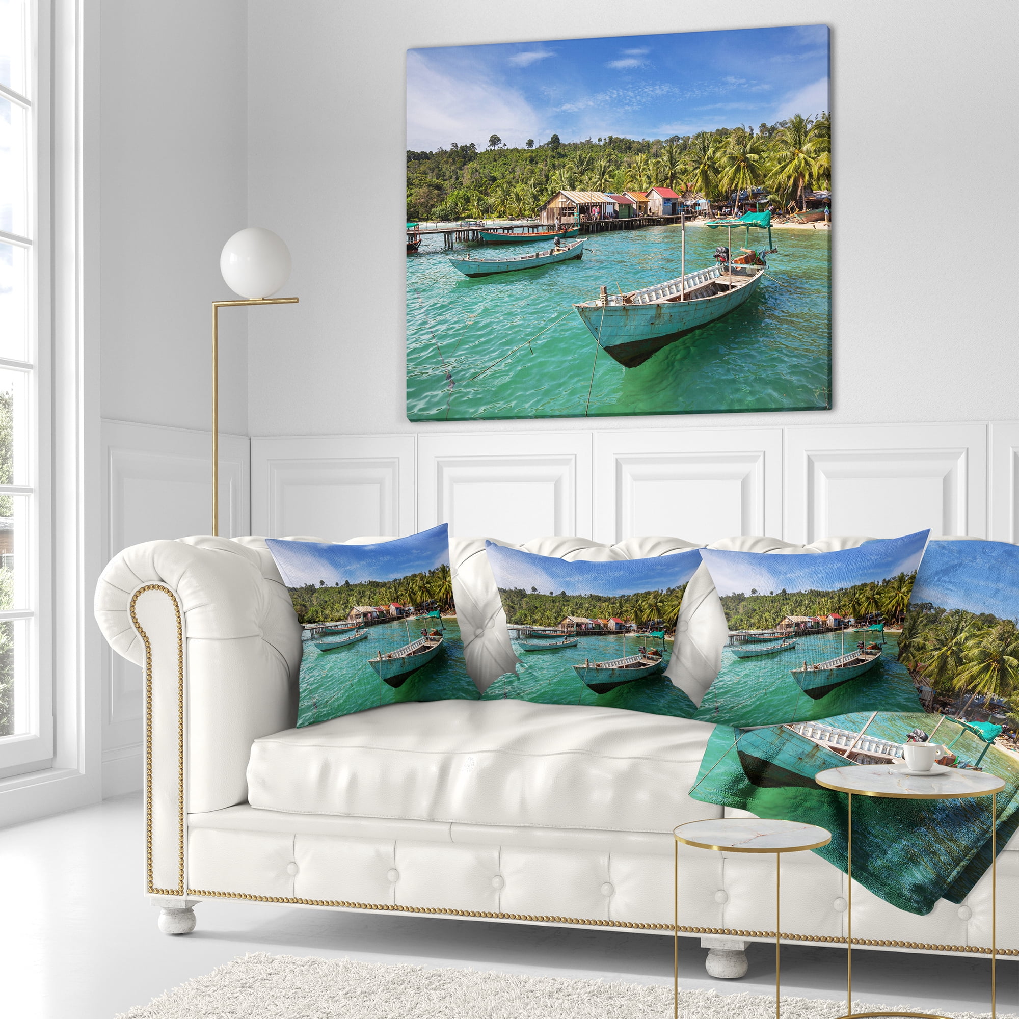Designart Fishing Boats in Kep Cambodia - Seashore Throw Pillow - 16x16