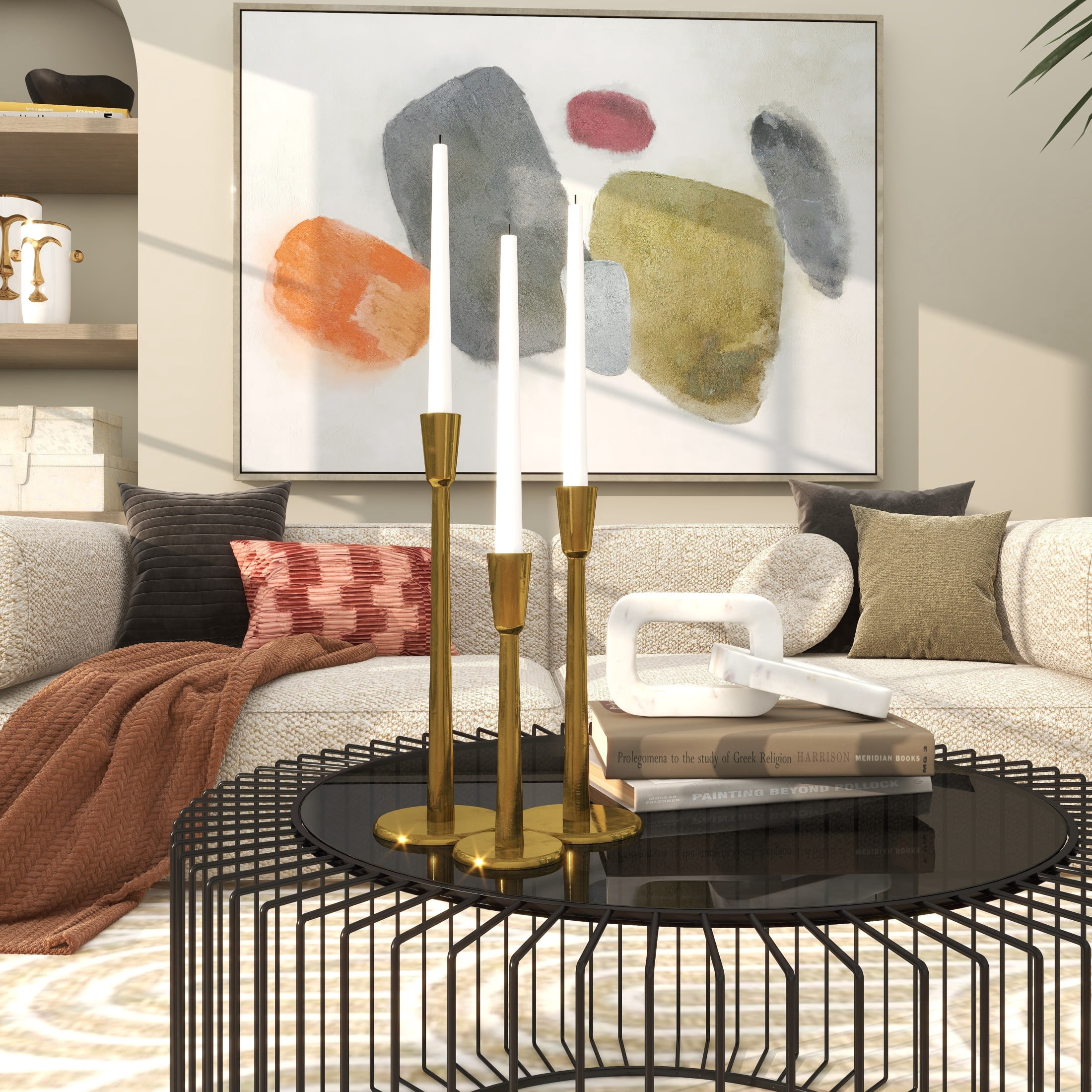 DecMode 3 Candle Gold Aluminum Metal Slim Candle Holder with Round Bases, Set of 3