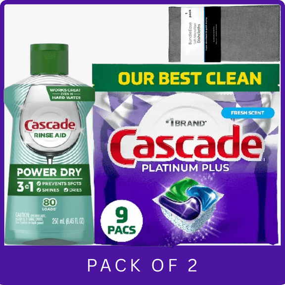 Cascade Platinum Plus Dishwasher Pods, Fresh, 9 Count & Cascade Platinum Rinse Aid, 8.45 fl oz with Microfiber Solid Color Dishcloth by BundleEase