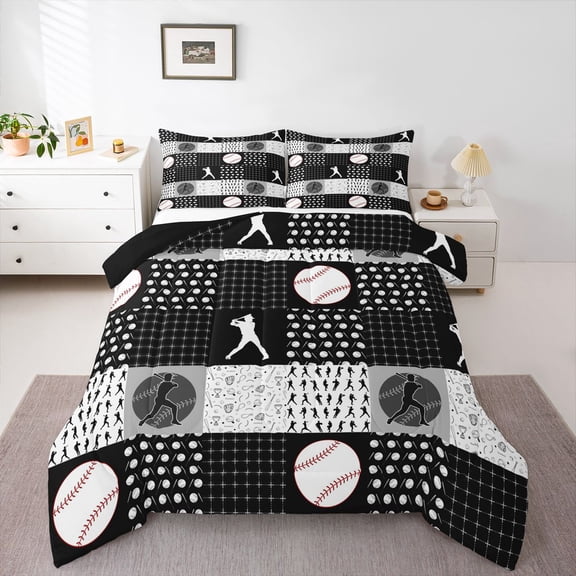 Feelyou Baseball Queen Comforter Set, Black Plaid Bedding Comforter Set, 3-Piece