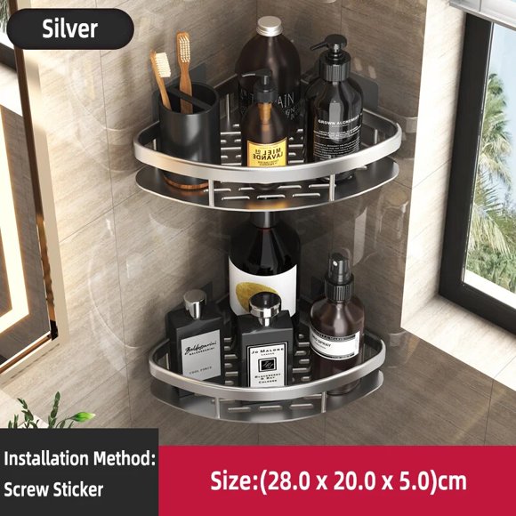 Étagère de Salle de Bain en Alliage d'Aluminium, Support de Rangement pour Shampoing Sans Perçage, Étagères d'Angle de Douche Murales, Accessoires de Salle de Bain, Argent, 2 Triangles