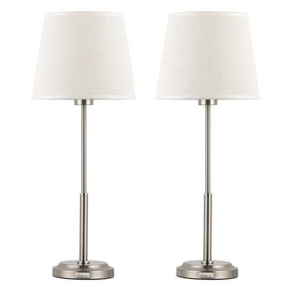 Metal Modern Lamp, Linen Fabric Shade with Circular Base, Set of 2 - Silver