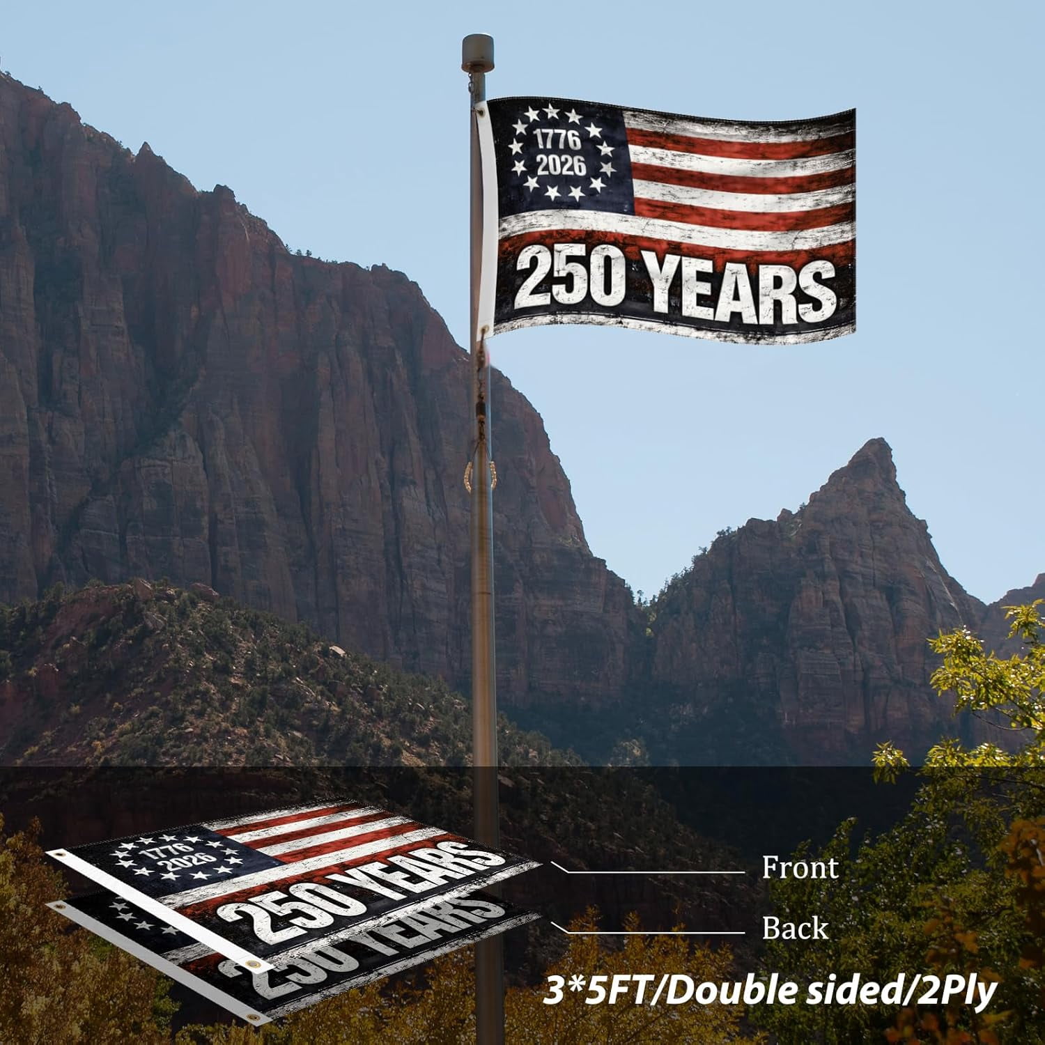 3x5 FT 250 Years Double Sided American Flag, 1776–2026 USA Flag for 250th Anniversary Birthday, Vintage Stars Patriotic Outdoor Indoor Flag for Home Yard Porch Wall Independence Day Decorations