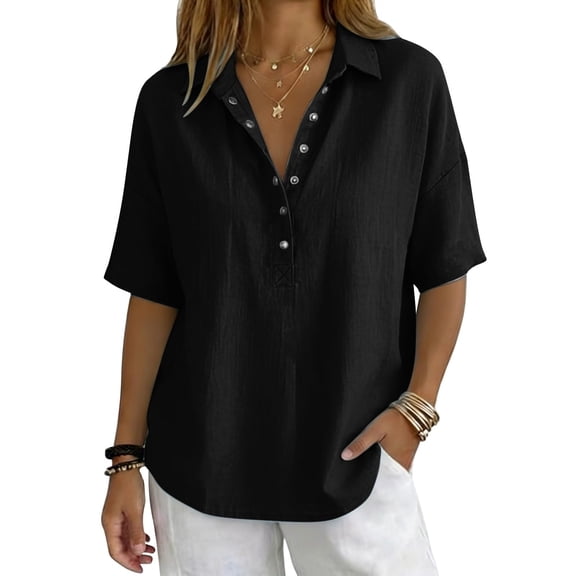 Nestiefly Women’s Cotton Linen Polo Shirt Casual Short Sleeve Summer Top Thin Short Sleeve Button Down Shirts Blouses 2026 Black S