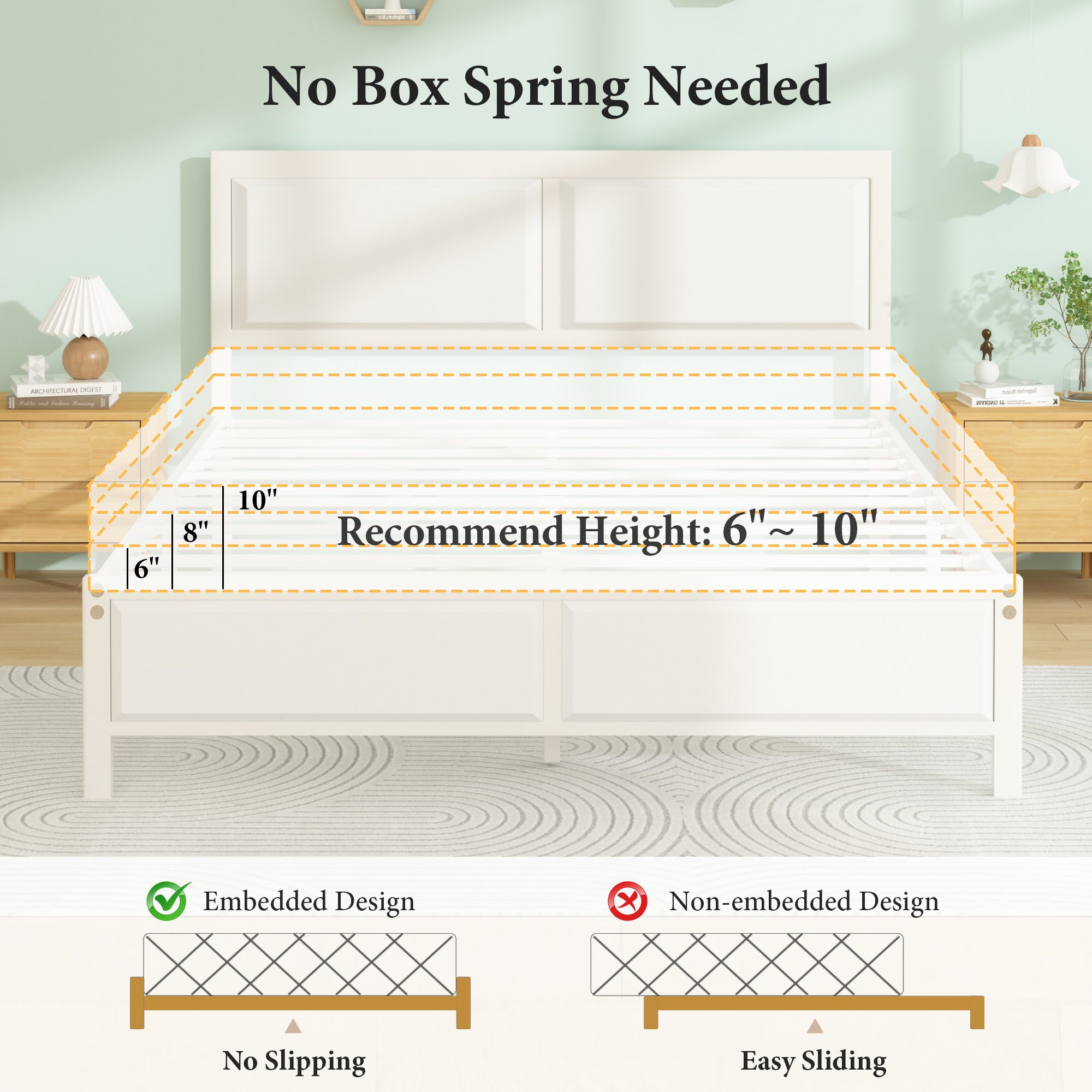 VECELO Full Metal Platform Bed Frame with Wooden Headboard, Heavy Duty Slat Support, No Box Spring Needed, White