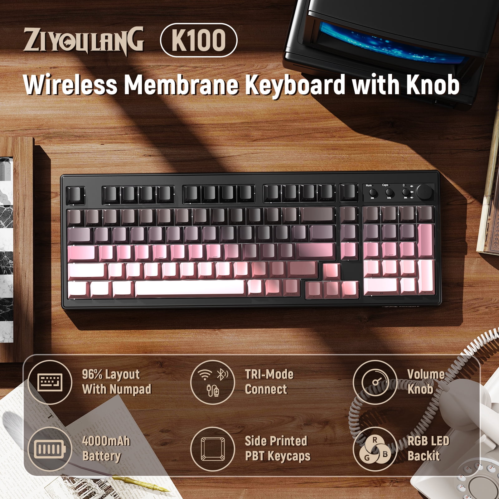ZIYOU LANG K100 90% Wireless Gaming Keyboard, Tri-Mode Bluetooth/2.4GHz/USB-C, RGB Backlit, Number Pad, for PC/Mac, Pink Creamy