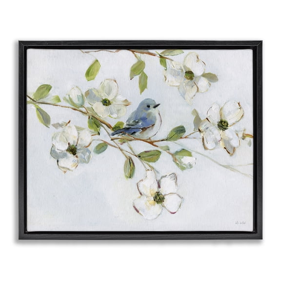 Stupell Industries Bird Perched on Dogwood Floral Painting Black Floater Framed Canvas Art Print Wall Art, 21 x 17
