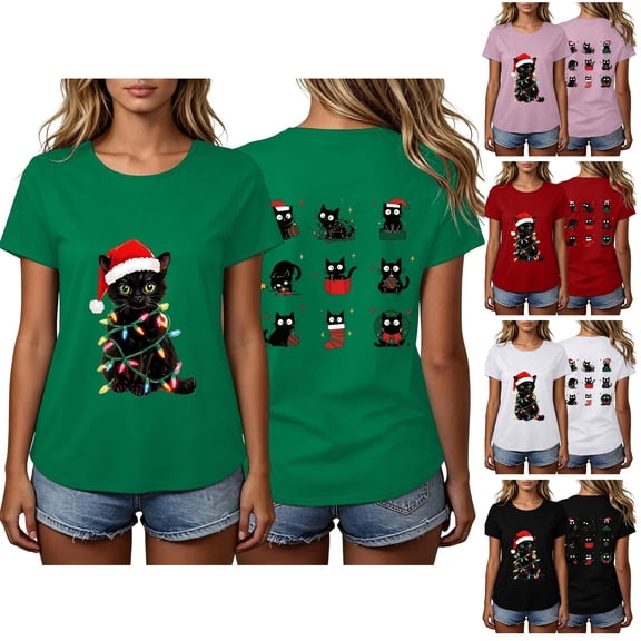 Frostluinai Christmas Cats Shirts for Women Crew Neck Short Sleeve Funny Xmas Party Tee Shirt Daily Walking Casual Tops S-3XL