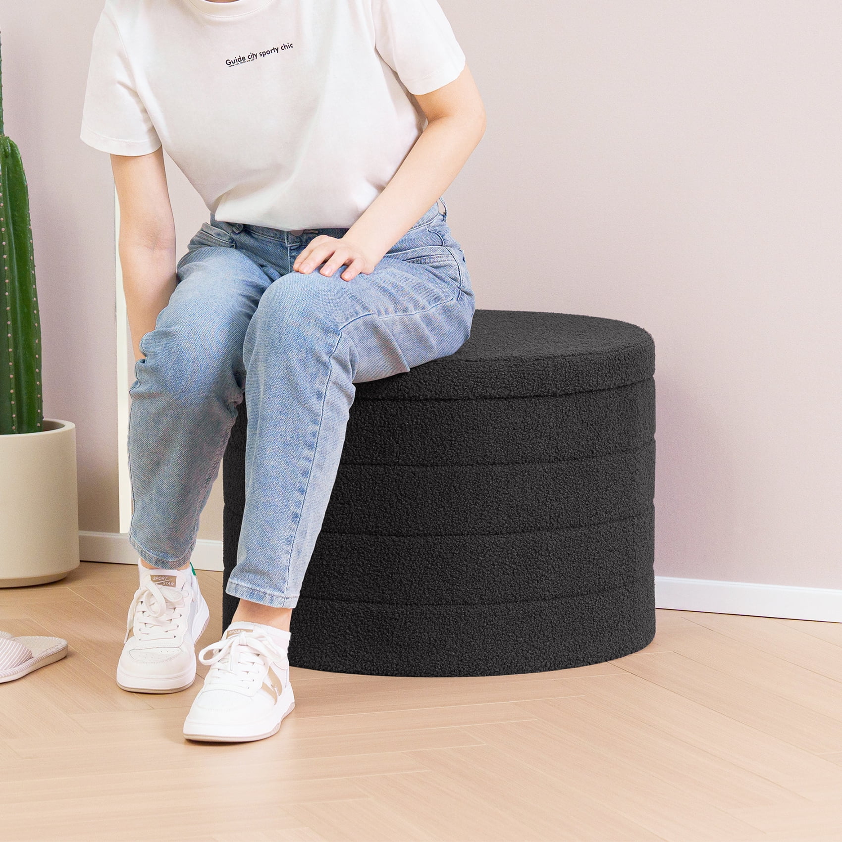 B FSOBEIIALEO Round Boucle Storage Ottoman with Tray for Living Room, Perfect for Adults & Kids with Extra Storage Space(Grey)