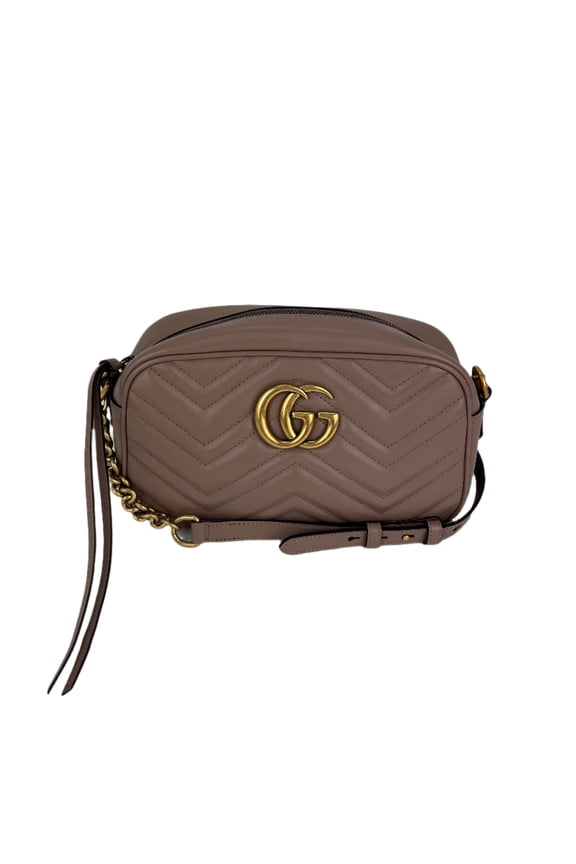Pre-Owned Gucci GG Marmont Small Chain Beige Matelasse Leather Crossbody Bag