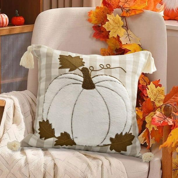 Funda de cojín de terciopelo con lazo de calabaza y bordado de otoño para sofá