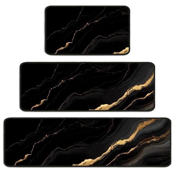Black and Gold Marble Pattern Kitchen Rugs Set Of 3, Non Slip Washable Kitchen Runner Rugs, Decorative Floor Mats for Sink Laundry and Home Use, 17"x30" 17"x47" 17"x59"