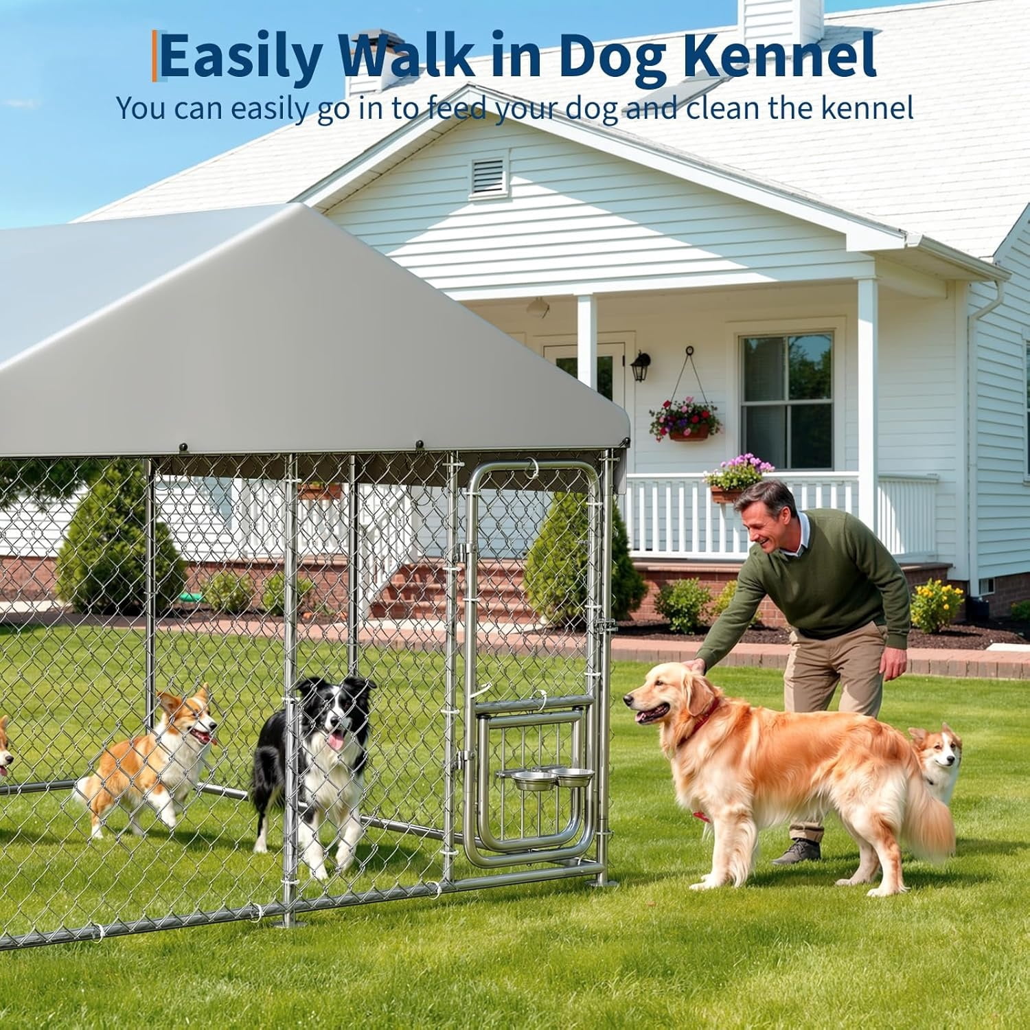 7.5×7.5×6.6 FT Home Large Metal Outdoor Dog Kennel, Metal Wire Dog Enclosure with Waterproof Roof & Adjustable Bowls Feeder for Backyard Farm