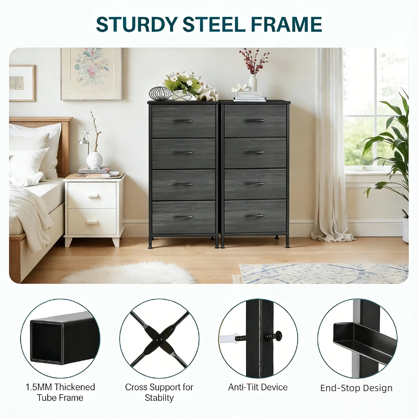 Nextay 4-Drawer Fabric Dresser for Bedroom, Storage Dresser Closet with Steel Frame & Wooden Top for Living Room, Dressing Room, Charcoal Black