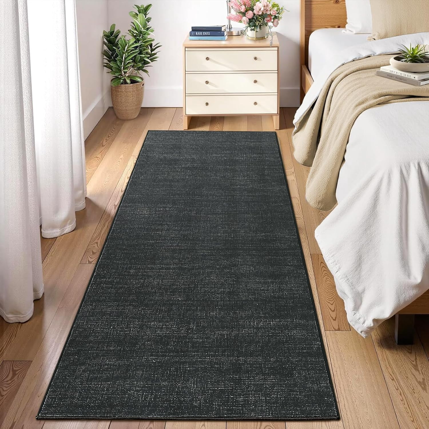 Memoryfield 2' x 6' Modern Runner Rug, Washable Floor Cover, Non-Slip, Stain-Resistant Low-Pile Carpet for Kitchen, Bedroom, Entryway, Black