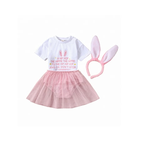 

aturustex Newborn Infant Baby Girl Easter 3Pcs Outfit Letter Bunny Romper Tulle Tutu Skirt Ear Headband Clothes Set Pink 0-18 Months