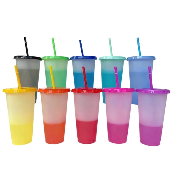24 oz Color Changing Cups with Lids and Straws, 10 Pack Reusable Plastic Iced Coffee Cups for Cold Drinks