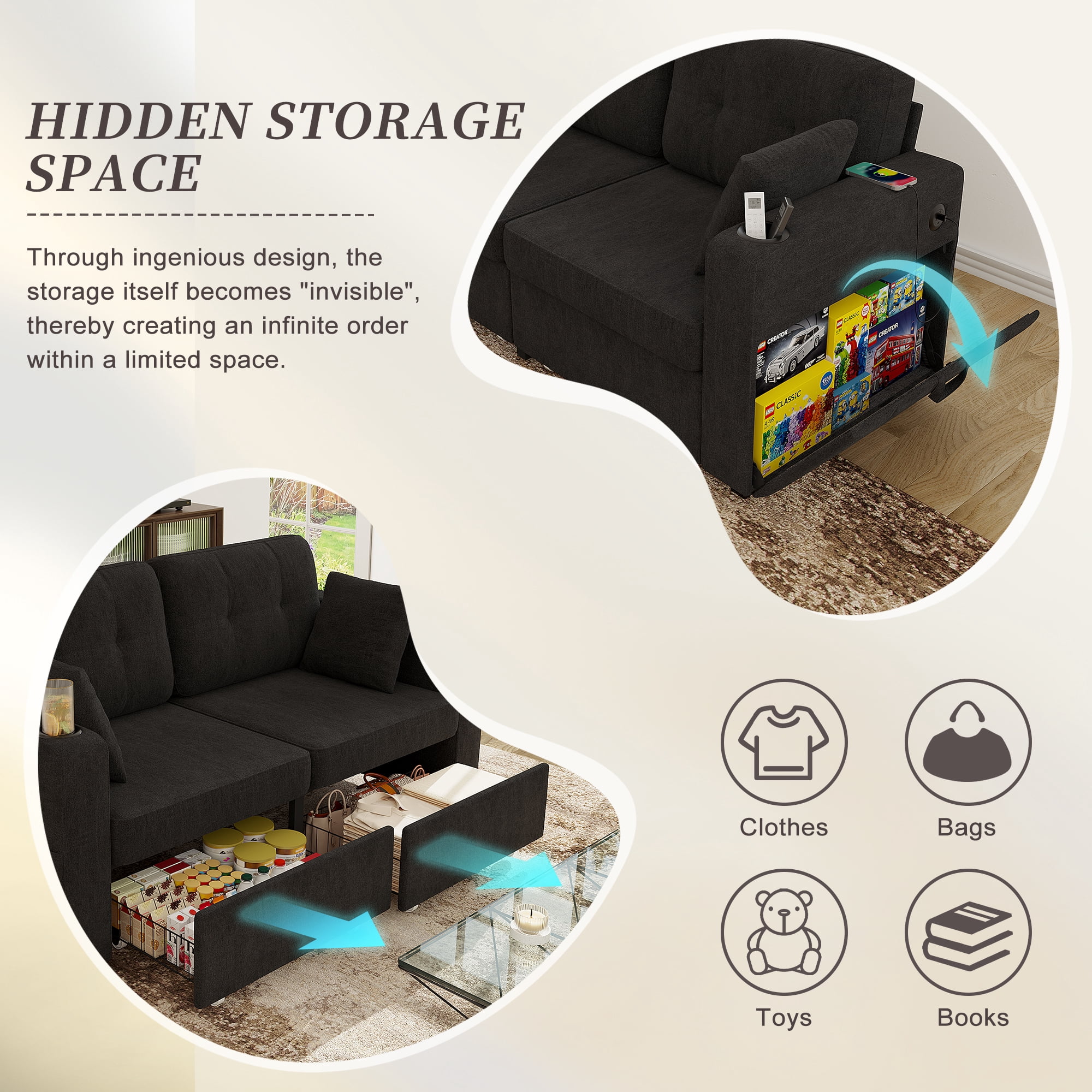 68" Chenille Two Seater Couch, Living Room Loveseat with Usb Charging, Upholstered Loveseat with Storage for Living Room, Black