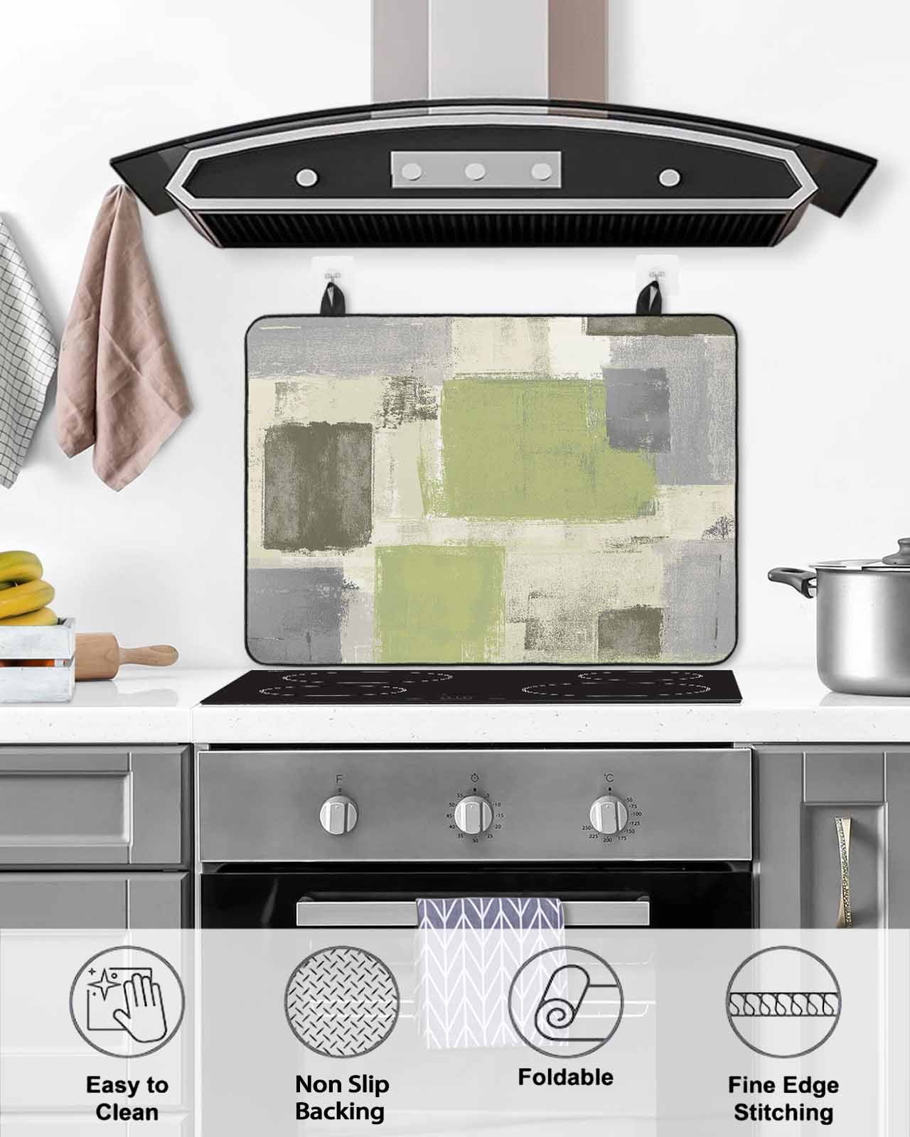 nqOlkjepod Large Induction Cooktop Protector Mat 36"x21", Sage Green Ombre Stove Top Covers for Electric Stove, Retro Abstract Mottled Geometric Stove Burner Cover Mats, Glass Top Stove Cover