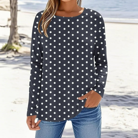 Shirts for Women Long Sleeves Polka Dot Round Neck T-Shirt Black,Womens Tops