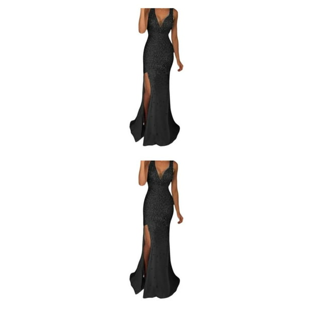 QualitChoice Robe de Soirée Tenue de Fête Vêtement Festif Col en V Longue Fente pour Bal Cocktail Fin Lavable Robe de Bal Exquise Noire m 2 Pcs
