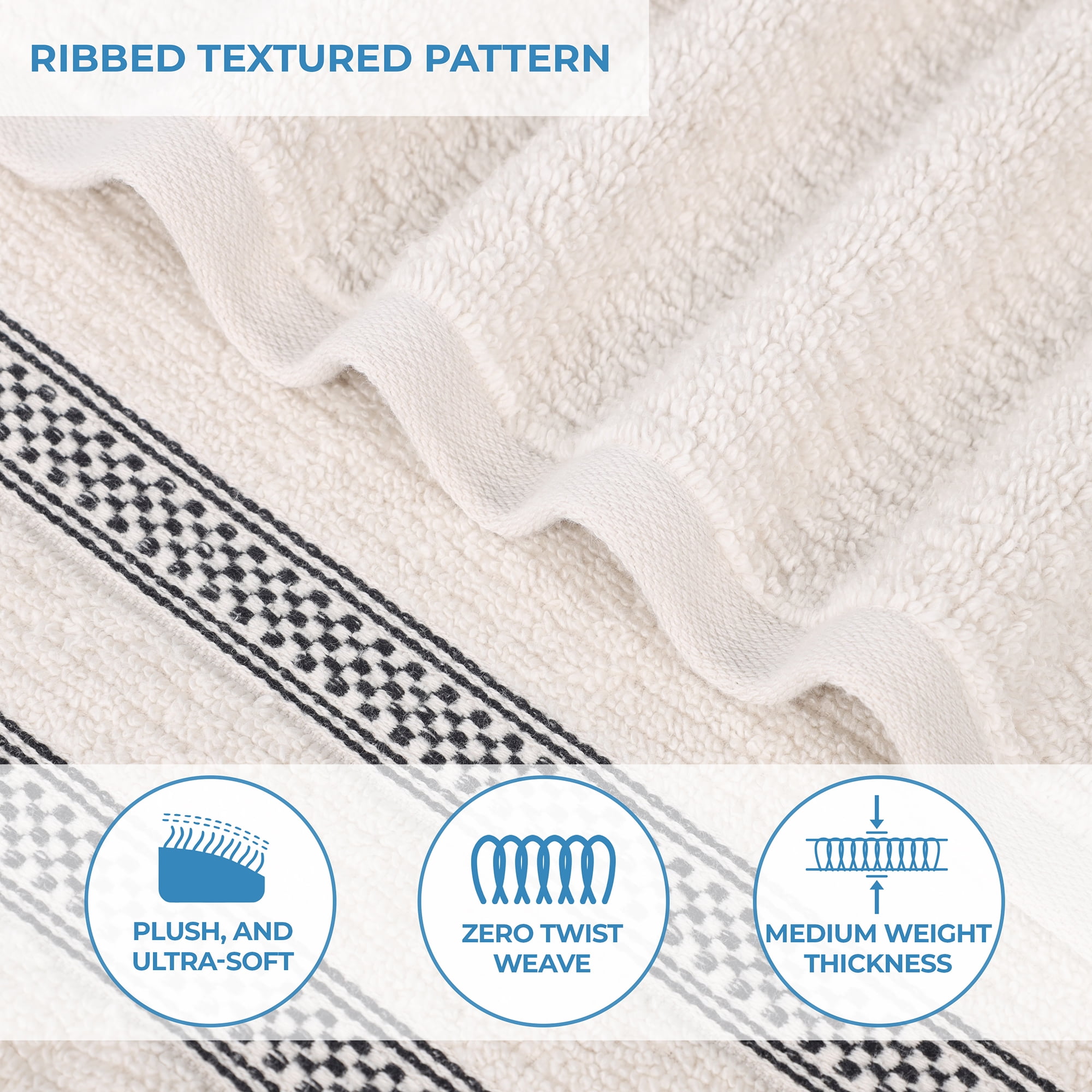 Superior Zero Twist Cotton Ribbed Geometric Bath Sheet Set of 2, Ultra Soft Quick Dry, Stone