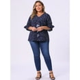 thumbnail image 3 of DARING DIVA Women's Plus Ruffle Loose V Neck Smocked Sleeves Top 1X Dark Blue, 3 of 6