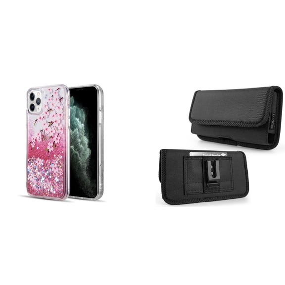 Liquid Glitter Case for iPhone 14 Pro Max and Belt Holster Pouch - Cherry Blossom