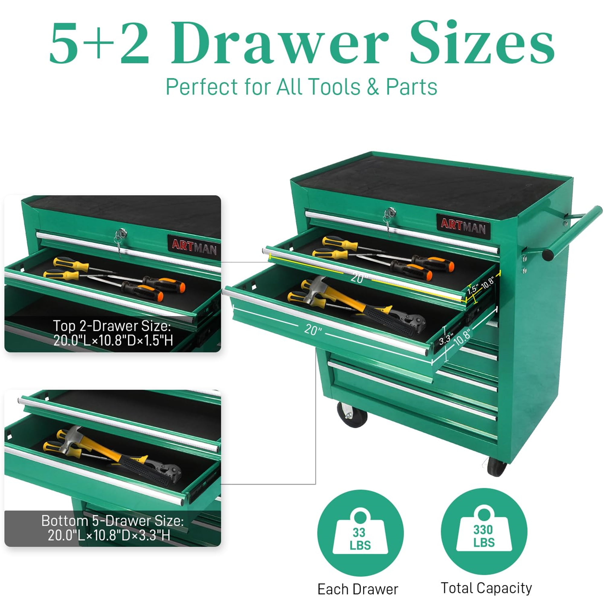 Aukfa Tool Chest, 24.5 in 7-Drawer Steel Rolling Tool Box on Wheels for Workshop Garage, Green