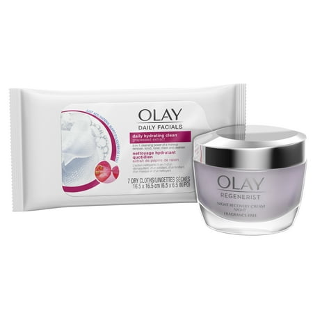 Olay Regenerist Night Recovery Night Cream Face Moisturizer 1.7 oz + Daily Facial Dry Cleansing Cloths, 7 (Best Olay Moisturizer For Dry Skin)