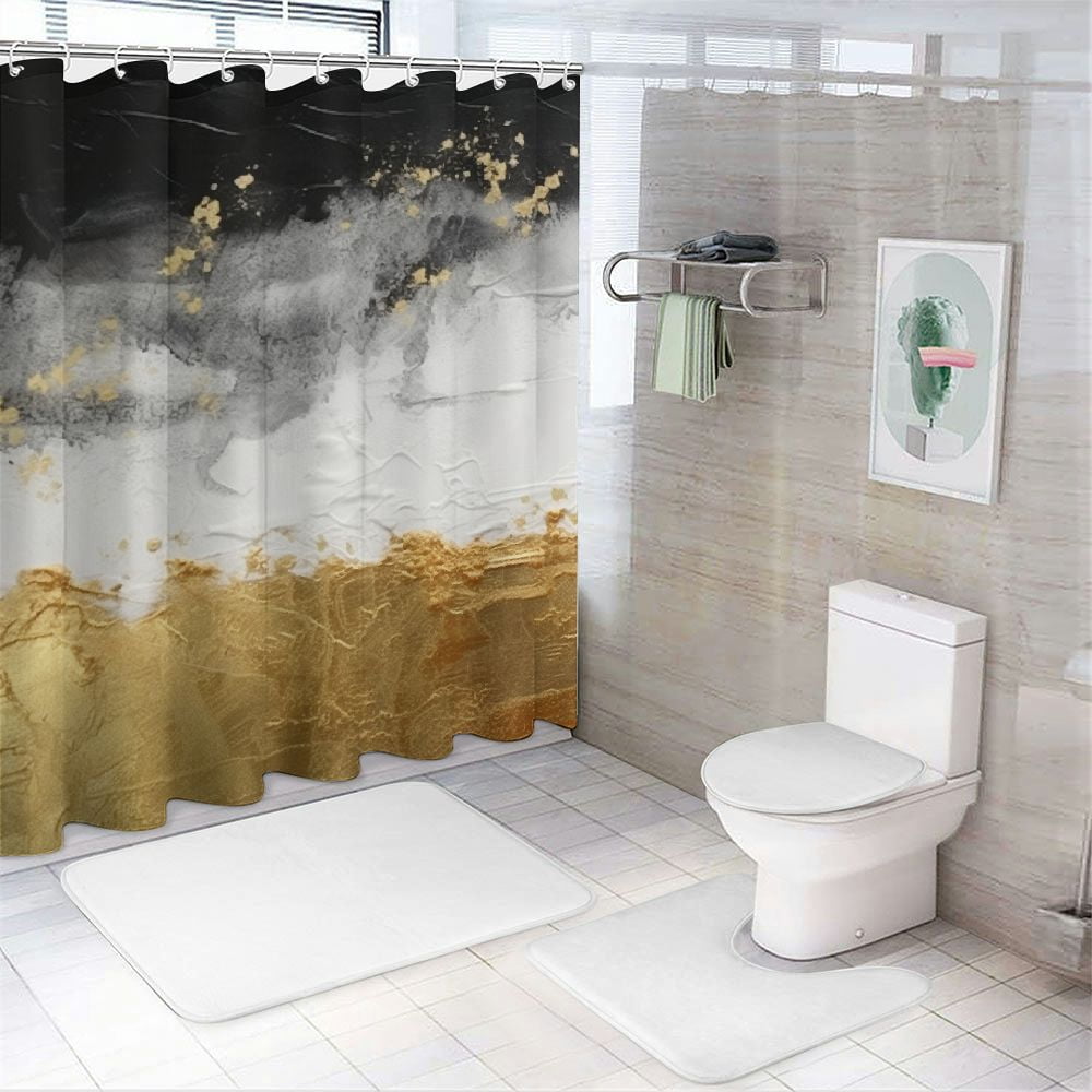 Fenyluxe Gold and Black Paint Stripes Printed Shower Curtain Set with Hooks, Easy Care 100% Polyester Fiber Bathroom Shower Curtain for Bathroom Decor, Various Sizes Available 60x72
