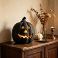 thumbnail image 4 of 6 Inch Black Halloween Jack O Lantern with LED Tea Light Candle, Resin Light Up Pumpkin Decor, Warm Glow for Indoor Tabletop Home Porch Trick Or Treat Halloween Party Decoration, 4 of 5