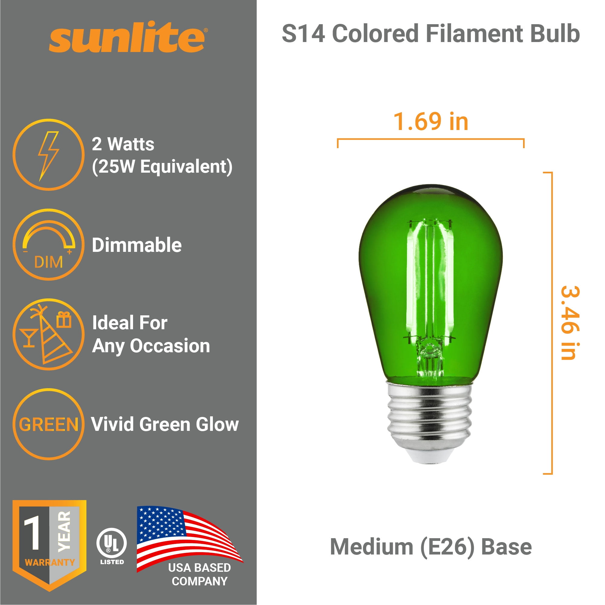 Sunlite LED Decorative Christmas Holiday Light Bulbs, S14 Filament Style, 2 Watt (25W Equivalent), Dimmable, Red and Green, 12 Pack