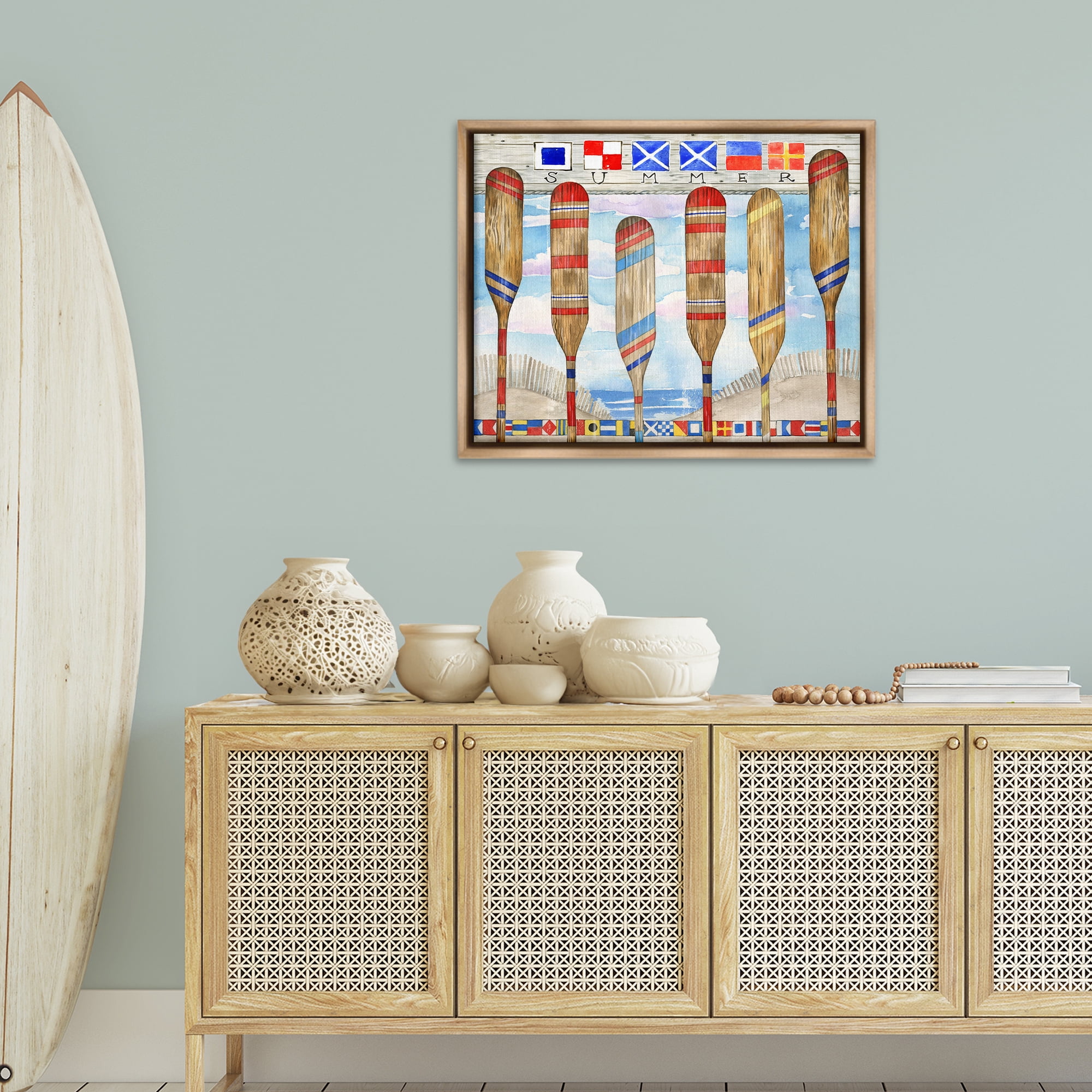 Stupell Industries Nautical Flags & Paddles Nautical & Beach Painting Brown Floater Framed Canvas Art Print Wall Art, 31 x 25