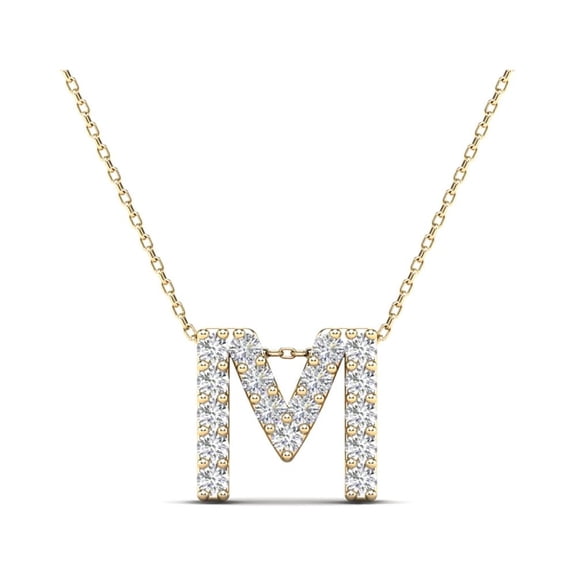 0.17 Carat Natural White Diamond Initial "M" Pendant Necklace For Women In 14K Yellow and White Gold with 18" Gold Cable Chain|Silver Chain