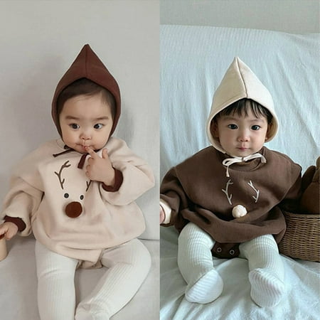

Popvcly Fall 0-24 Months Newborn Infant Baby Boy Girl Outfit Clothes Cotton 3D Elk Print Rompers Jumpsuits For Toddler