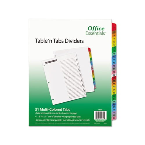 Table 'n Tabs Dividers 31-Tab, 1 to 31, 11 x 8.5, White, 1 Set