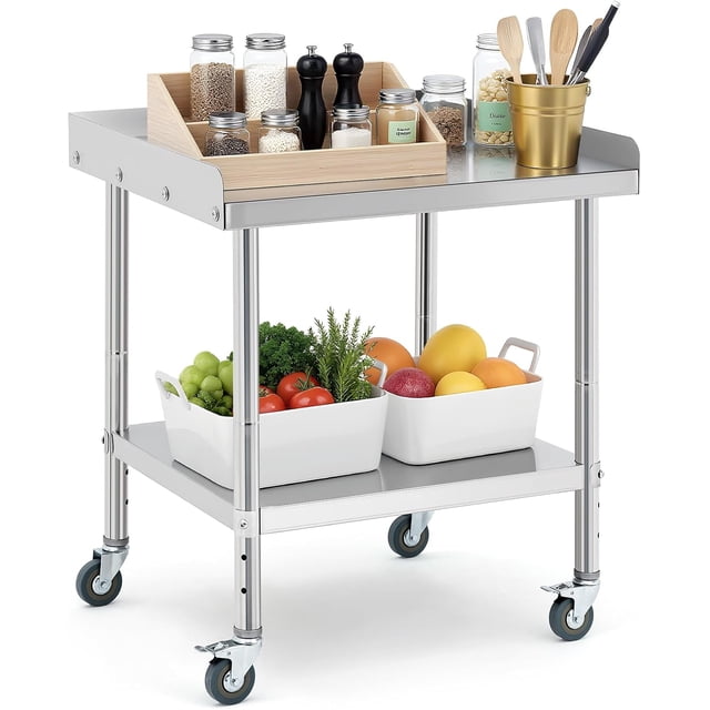 28 In x24 In Rolling Stainless Steel Grill Cart and Prep Table - Heavy-Duty Commercial Workstation with Adjustable Undershelf and Backsplash