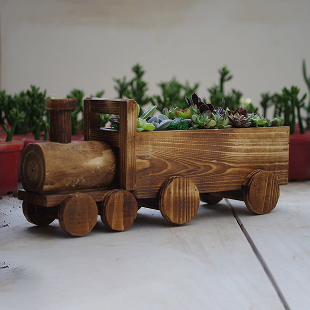 Retro Wooden Train Flower Pot Succulent Plant Potted Bonsai Planter Home Garden