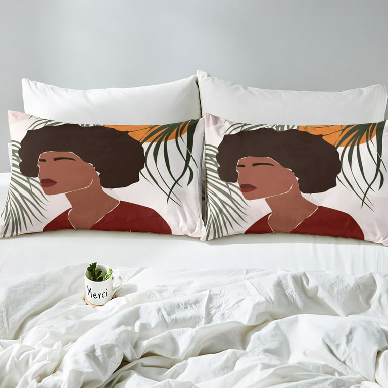 YST Afro Black Girl Duvet Cover Full African Black Women Bedding Set, Green  Leaves Comforter Cover Mid Century Modern Decor Bed Set, Abstract Moon