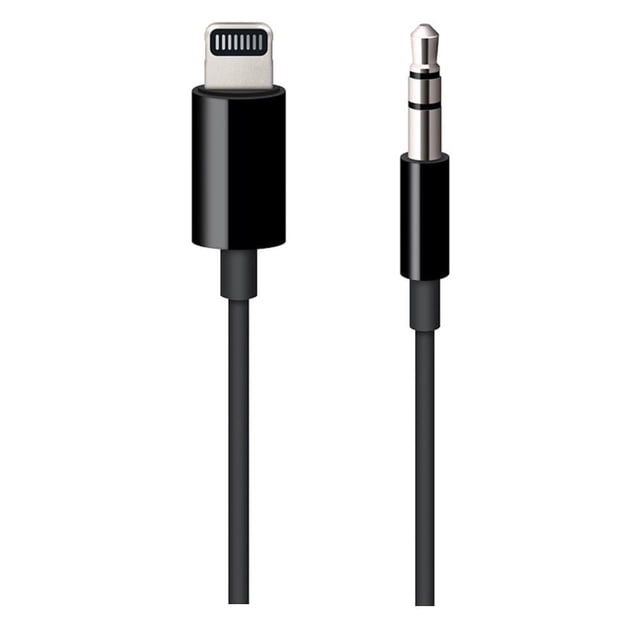 cable apple conector lightning a audio de 3.5 mm Cable Lightning a audio 3.5 mm en vista frontal; conector Lightning metálico con carcasa negra a la izquierda y plug estéreo TRS de 3.5 mm con anillos aislantes a la derecha, cable negro recto. Adecuado para conectar iPhone/iPad y audífonos Beats Solo Pro a equipos de música y bocinas; medidas según empaque.