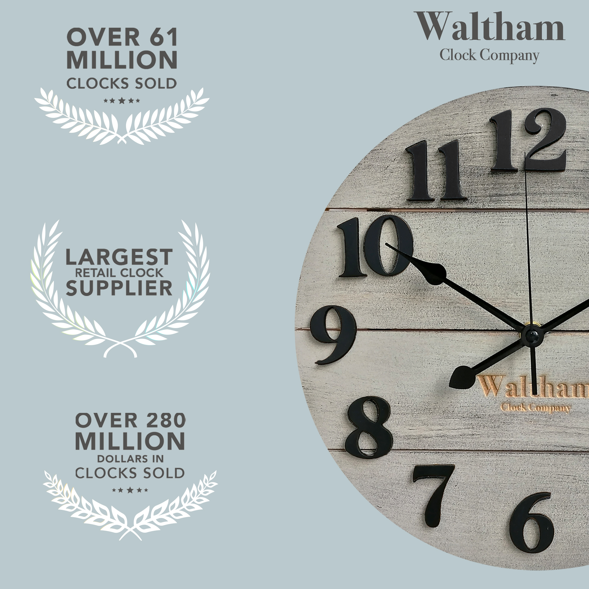 Waltham Real Wood Wall Clock, 12 inch, Battery Operated, Grey Finish - Made from Real Wood – not Particle Board or MDF- 100% Real Wood!