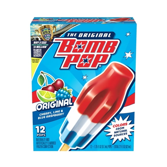Bomb Pop Original Freeze Ice Pops, Frozen Dessert, Cherry, Lime, & Blue Raspberry, 12 Pack