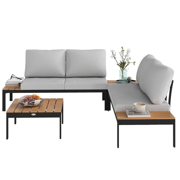 4 Piece L-Shaped Outdoor Garden Furniture Set, 4 Seater Patio Sectional with 2 Loveseats & 2 Coffee Tables, Teak Wood-Plastic & Metal Frame, for Balcony, Garden or Conservatory