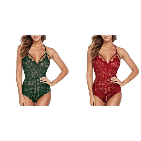 Lojoutye 2 Pack( 1PCS & Green 1PCS) Multipack Satin Chemise for Women Plus Size Lace Blackless Crotch Open That Covers Bodysuit Out Jumpsuit Women Woman s Hollow Pajamas
