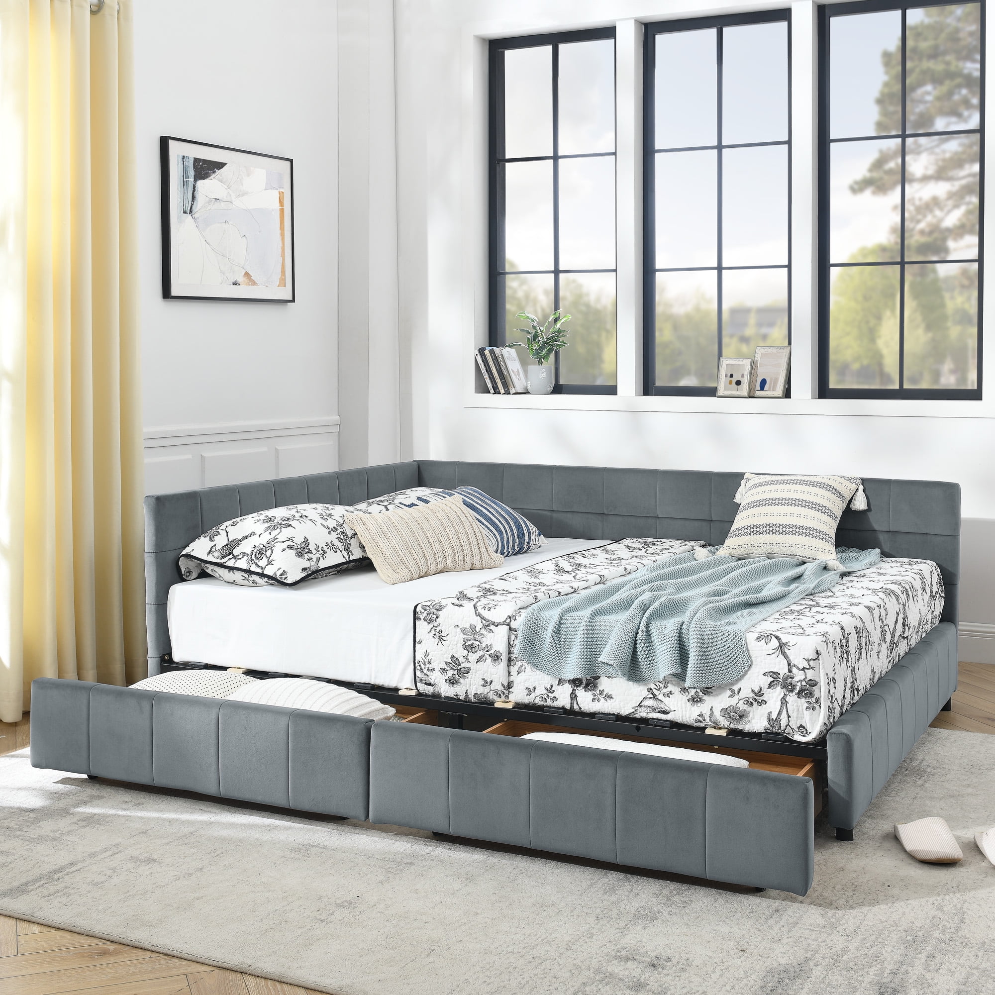 Gewnee Queen Size Storage Upholstered Tufted Sofa Bed Frame with Comfortable Backrest and Armrests for Bedroom