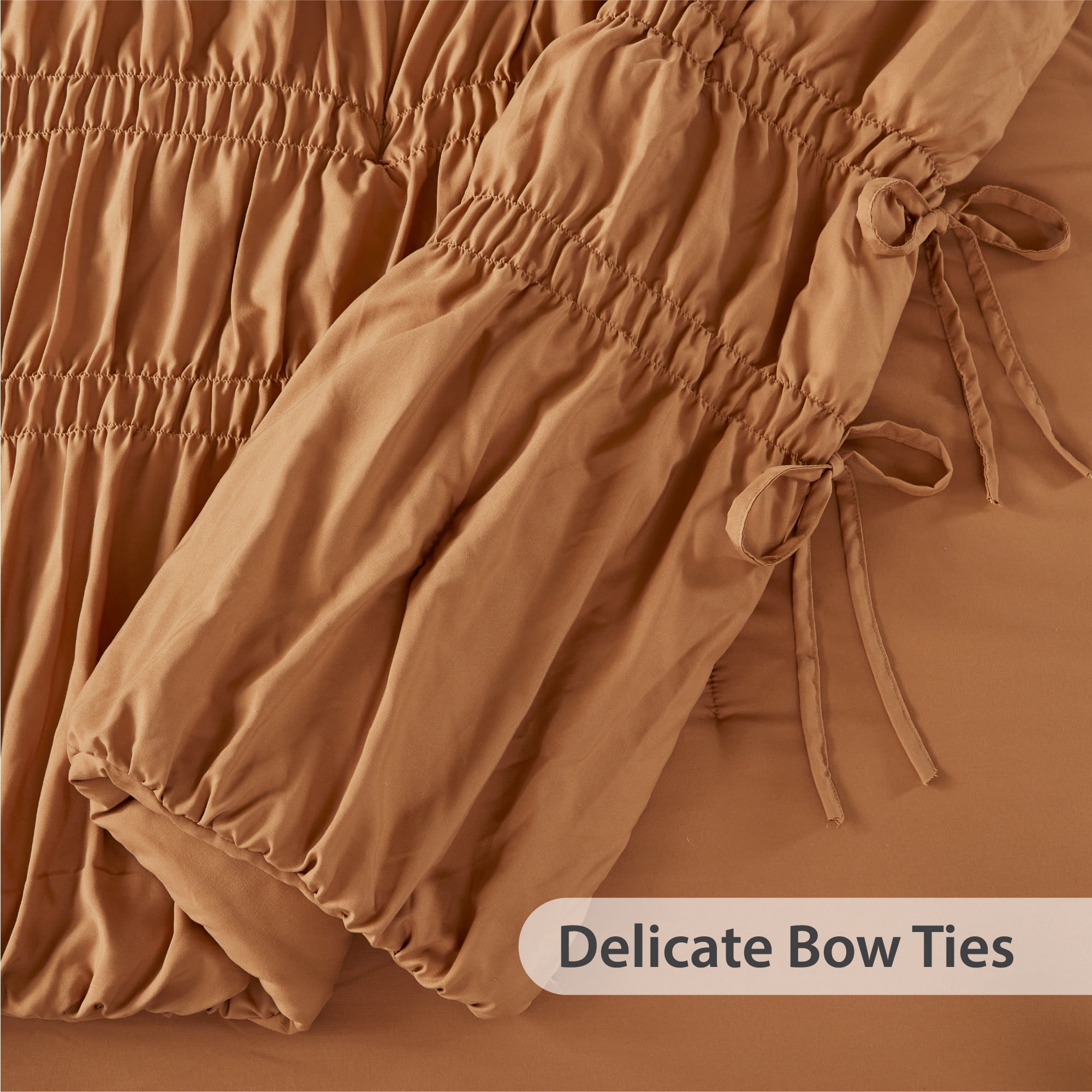 Regency Heights Full/Queen Soft Washed Comforter Set, Ruched Striped Dorm Bedding Sets, 3-Piece Brown French Country Comforter Bed Set with Bow Ties and Sham for All Season
