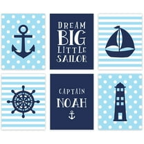 Koyal Wholesale Personalized Nautical Theme Nursery Hanging Wall Art, Baby Blue Stripes Dots